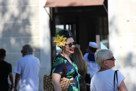 Senigallia, Italy 12 August 2019 is an international music festival focused on the US music and culture of the fifties. In the photo: people dressed up in the 50s style / Summer Jamboreeのeditorial素材