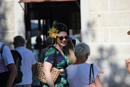 Senigallia, Italy 12 August 2019 is an international music festival focused on the US music and culture of the fifties. In the photo: people dressed up in the 50s style / Summer Jamboreeのeditorial素材