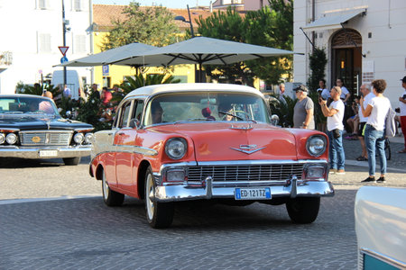Senigallia, Italy, August 10, 2019 Summer Jamboree is an international music festival focused on the music and culture of the United States of the 1950s. Pictures: people dressed in 50s style and carのeditorial素材