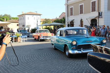 Senigallia, Italy, August 10, 2019 Summer Jamboree is an international music festival focused on the music and culture of the United States of the 1950s. Pictures: people dressed in 50s style and carのeditorial素材