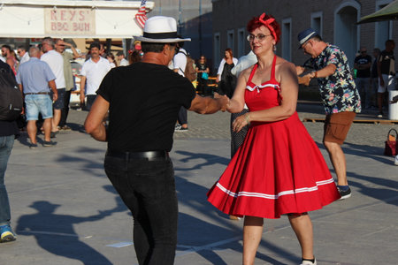 Senigallia, Italy 12 August 2019 is an international music festival focused on the US music and culture of the fifties. In the photo: people dressed up in the 50s styleのeditorial素材