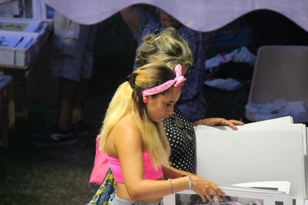 Senigallia, Italy 12 August 2019 is an international music festival focused on the US music and culture of the fifties. In the photo: people dressed up in the 50s styleのeditorial素材