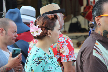 Senigallia, Italy 12 August 2019 is an international music festival focused on the US music and culture of the fifties. In the photo: people dressed up in the 50s style Summer Jamboreeのeditorial素材