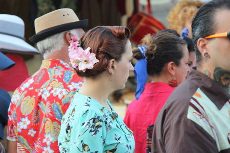 Senigallia, Italy 12 August 2019 is an international music festival focused on the US music and culture of the fifties. In the photo: people dressed up in the 50s style Summer Jamboreeのeditorial素材