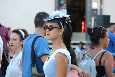 Senigallia, Italy 12 August 2019 is an international music festival focused on the US music and culture of the fifties. In the photo: people dressed up in the 50s style Summer Jamboreeのeditorial素材
