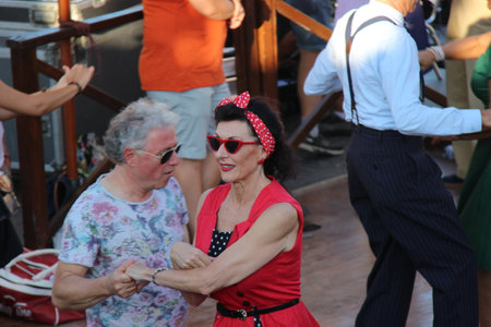 Senigallia, Italy 12 August 2019 is an international music festival focused on the US music and culture of the fifties. In the photo: people dressed up in the 50s style Summer Jamboreeのeditorial素材