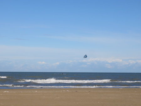 Kitesurfing on the beach in Kolobrzeg, Polandの写真素材