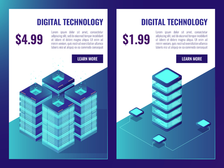 Isometric Server room service brochure with price, datacenter data storage, bigdata processing vectorのイラスト素材
