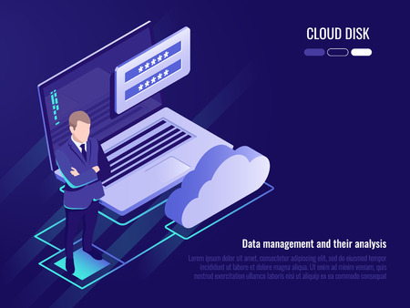 Concept of cloud disk and data access, businessman stay on background of laptop with login form and cloud iconのイラスト素材