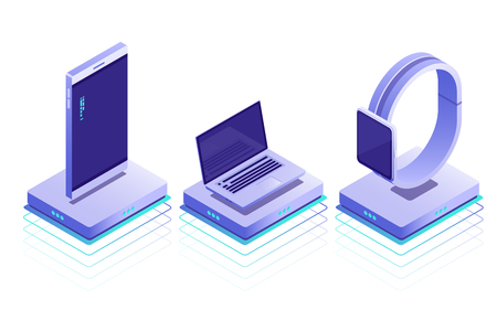 Smart devices on wireless battery charger .Conceptual isometric icons of laptop, phone,watches.Isometric styleのイラスト素材