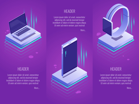 Mobile device landing page concepts.Set of 3 vector header template such us phone,laptop,watches.Isometric styleのイラスト素材