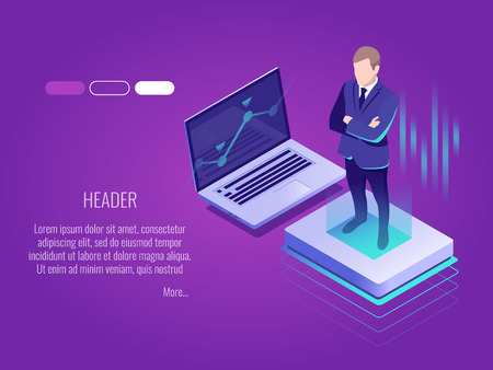 Businessman is standing on the luminous button.Isometric concept of IT technology,server management.Web header template.のイラスト素材