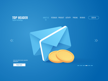 Payment notification concept, envelop with gold coin money, email isometricのイラスト素材