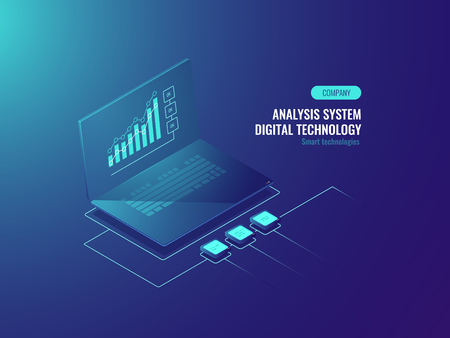 Bigdata report, data statistics on screen of laptop, Business and data charts, incoming information isometric vectorのイラスト素材