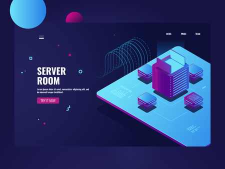 Server room, big data processing, cryptocurrency mining process, datacenter and database concept, application development isometric vector illustration, darkのイラスト素材