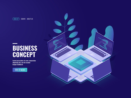 Server room isometric big data processing, cloud storage, blockchain technology, data center and database connection, networking isometric illustration vector neon darkのイラスト素材