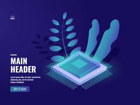 Microelectronic computer chip icon, data computing process, server room, cloud storage, database,...