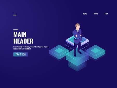 Business technology, online banking icon, cryptocurrency, businessman stay on platform, server room, future office, server room, isometric people illustration vector neon darkのイラスト素材