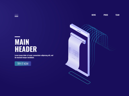 Online bank icon, electron bill and tax concept, buying order, sms message with payment notification, mobile phone, data encryption protected isometric illustration vector neon darkのイラスト素材