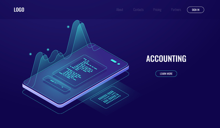 Accounting, money audit, finance management concept, mobile phone with graphic data, analysis and statistic report online application, digital technology, dark neon vectorのイラスト素材