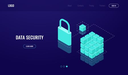 Blockchain technology, data access and data security, isometric icon, protection cloud computing, lock database, dark neon vectorのイラスト素材