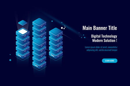 Server room, isometric icon big data processing, data cloud storage warehouse, database concept, hosting and virtual servers, server rack vector blue whiteのイラスト素材