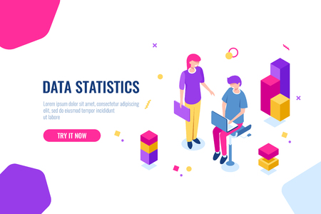 Business consulting team isometric icon, seo optimization process, data processing and analysis, man with laptop. Flat color vector illustrationのイラスト素材