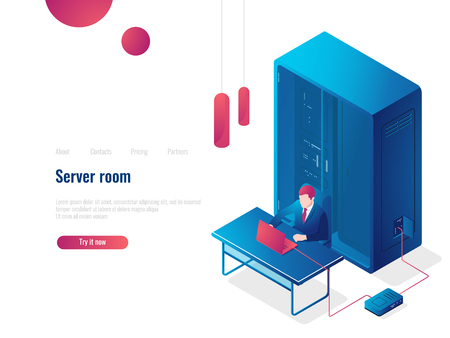 Server room, networking isometric icon, landing page of system administrator, database cloud storage, man works on a laptop office interior vectorのイラスト素材
