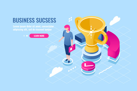 Successful business manager, achievement of goal, success women, deserved award, young girl with golden cup, finance report and analysis flat vector illustration blueのイラスト素材