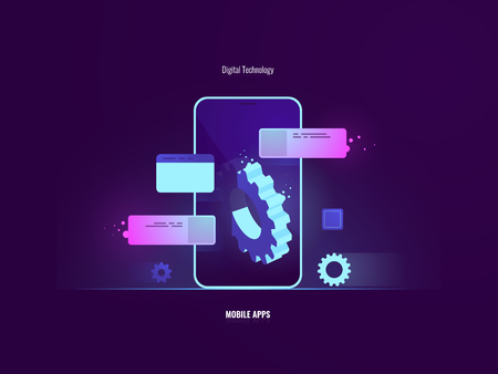 Awesome mobile software application development concept, mobile phone with big gear stick out of the screen, programming, smartphone setting and function, flat neon vector illustrationのイラスト素材