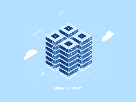 Isometric icon of server room rack, cloud storage technology, data center and database, data processing system, smart security, flat vectorのイラスト素材