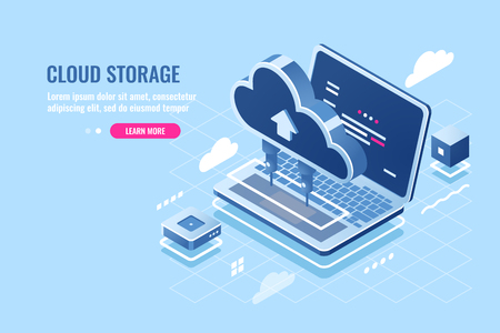 Cloud data storage isometric icon, uploading file on cloud server for remote access concept, laptop computer, database and data center, flat vector illustrationのイラスト素材