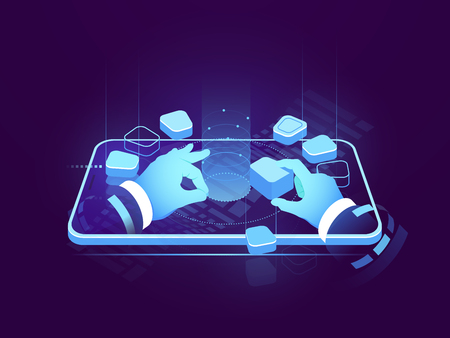 Holographic display isometric neon, digital futuristic technology, user interface development design, building mobile application, big data processing, cyber security isometric vector illustrationのイラスト素材
