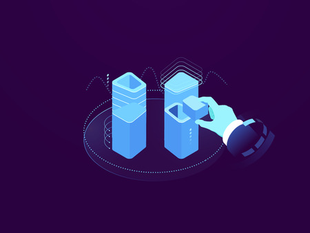 Cloud server solution, digital technology concept, put information in database, recording and reading of data, server room rack farm flat isometric vector illustrationのイラスト素材
