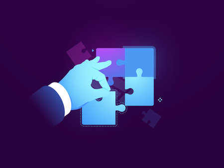 Man puts puzzle, business concept, solving a logical problem, business people collect puzzle, task management concept flat neon darkのイラスト素材
