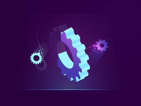 Technical banner 3d gear, dark neon illustration of digital technology, mechanism vectorのイラスト素材