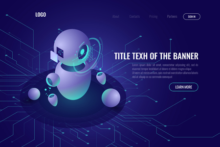 Robotics technology, machine education and artificial intelligence ai isometric icon, data processing, robotica concept, smart tech, ultraviolet vector web vectorのイラスト素材