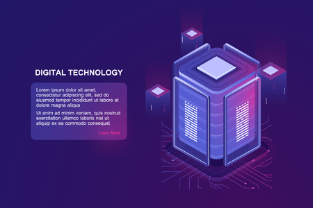 Blockchain technology isometric icon, server room and database, data warehouse and cloud computing concept ultraviolet landing web page vector illustrationのイラスト素材