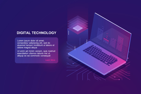Laptop with program code on screen, isometric icon of programming, online education of software development, digital technology, cloud storage and computing concept, machine learning ultraviolet vectorのイラスト素材