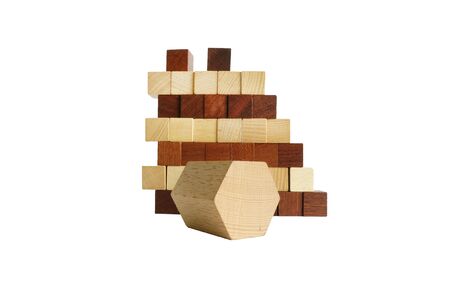 Wooden cube geometry on a white backgroundの写真素材