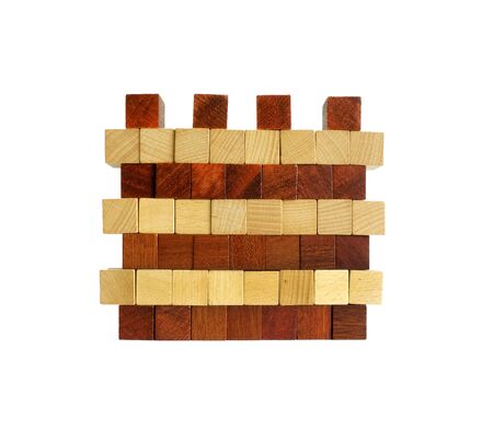 Wooden cube geometry on a white backgroundの写真素材