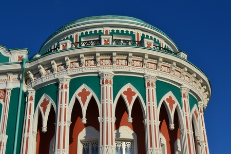 Beautiful historical building in Yekaterinburg, Russia. Private residence of merchant Sevastianov. Detail.の写真素材