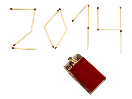 New year 2014 made of matches and matchbox isolated on white background.