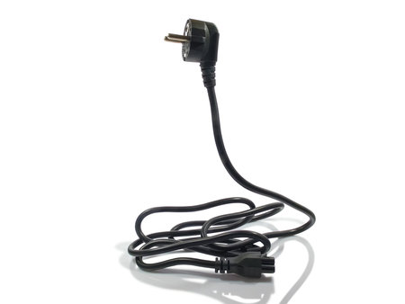 Black electrical cable with plug on white background