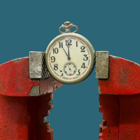 A vice is tightly pressing an antique pocket watch. Concept of being busy.