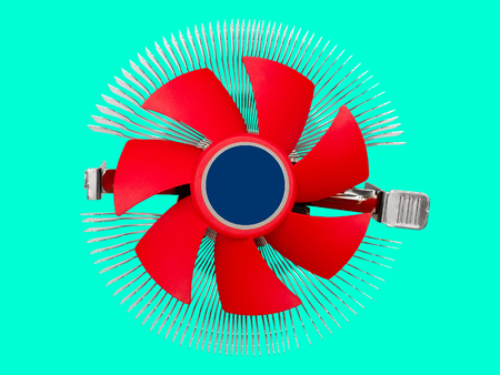 Computer CPU cooling fan against green backgroundの写真素材