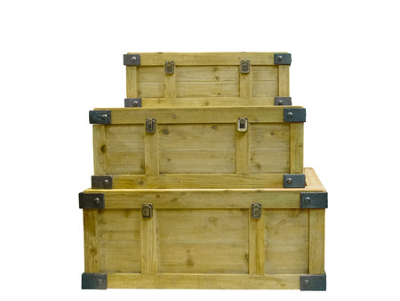 Three wooden stacked chests, isolated on white background