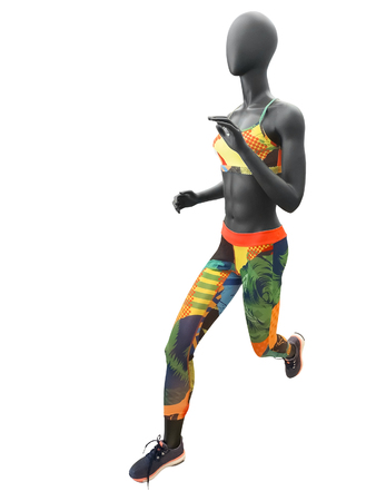 Female running mannequin dressed in colorful sport athletics clothes. Isolated on a white background.の写真素材