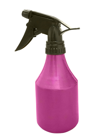 Pink plastic spray bottle isolated on white backgroundの写真素材