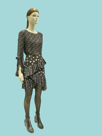 Full-length female mannequin wearing black dress with flower pattern, isolated. No brand names or copyright objects.の写真素材